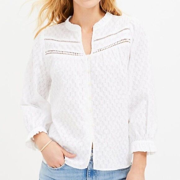 Loft White Cotton V Neck Long Sleeve Ruffle Trim Top Small - Picture 1 of 11